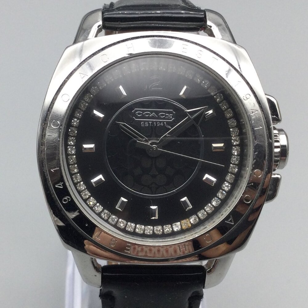 Coach Watch Women 39mm Silver Tone Black Logo Dial Crystals Leather New Battery - Picture 1 of 15